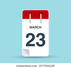 March 23 calendar icon isolated on background. March vector for day of week and month in red. Calendar design vector template. Vertical orientation.