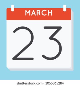 March 23. Calendar icon. Vector illustration in flat design isolated in blue background. Date and time, day, month.