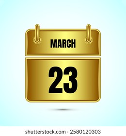 March 23 calendar and time planner on gold background. Daily calendar icon, schedule symbol