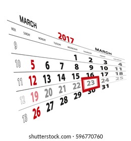 March 23, highlighted on 2017 calendar. Vector Illustration.