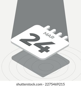 March 24 - Black and white 3D calendar floating with spotlight on white background