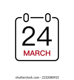 March 24 date on the calendar, vector line stroke icon for user interface. Calendar with date, vector illustration.