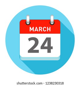 March 24 Date on a Single Day Calendar in Flat Style with long flat shadow on a blue background