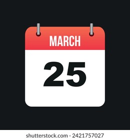 March 25, Red and White Color Calendar Page with Black Outline