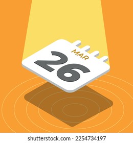 26 de marzo - calendario 3D flotando con foco en fondo amarillo