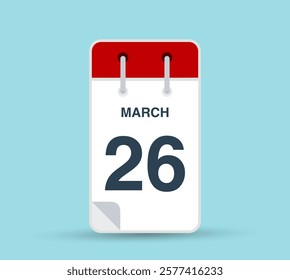 March 26 calendar icon isolated on background. March vector for day of week and month in red. Calendar design vector template. Vertical orientation.