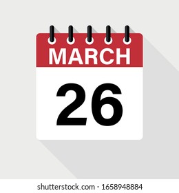 MARCH 26 - Calendar Icon. Calendar Icon with shadow. Flat style. Date, day and month.