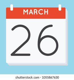 March 26. Calendar icon. Vector illustration in flat design isolated in blue background. Date and time, day, month.