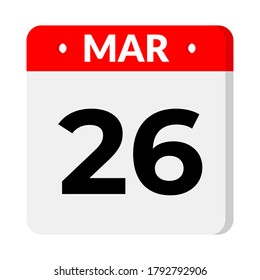 Icono del calendario 26 de marzo, ilustración vectorial