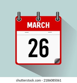 March 26, calendar icon vector illustration, isolated on light blue background.