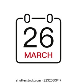 March 26 date on the calendar, vector line stroke icon for user interface. Calendar with date, vector illustration.