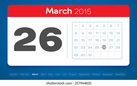 March 26, vector daily calendar, flat design, 2015