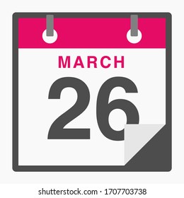 March 26th Flat icon calendar isolated on white background. Vector illustration