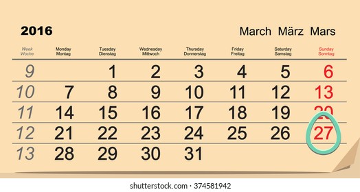 March 27, 2016 Catholic Easter Calendar. Illustration