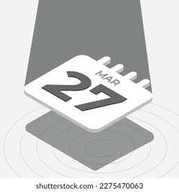March 27 - Black and white 3D calendar floating with spotlight on white background
