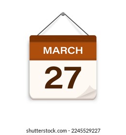 27 de marzo, icono del calendario con sombra. Día, mes. Hora de cita de la reunión. Fecha de programación del evento. Ilustración vectorial plana. 