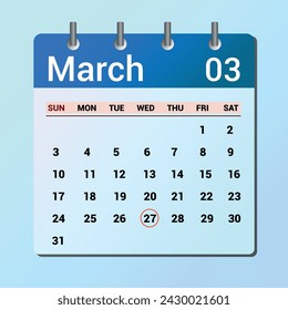 March 27. Flat icon calendar isolated on blue background. Date and month vector illustration