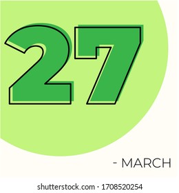 March 27th Modern calendar isolated on white background. Vector illustration. Green colors 