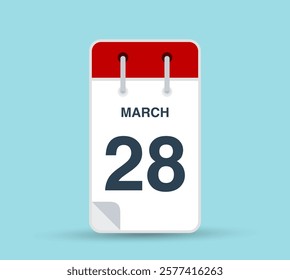 March 28 calendar icon isolated on background. March vector for day of week and month in red. Calendar design vector template. Vertical orientation.