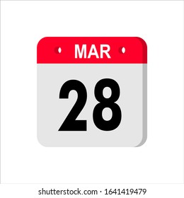 March 28  - Calendar Icon. Calendar Icon with shadow. Flat style. Date, day and month. Reminder. Vector illustration. Organizer application, app symbol. Ui. User interface sign. EPS 10