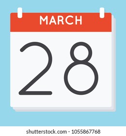 March 28. Calendar icon. Vector illustration in flat design isolated in blue background. Date and time, day, month.