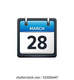March 28. Calendar icon.Vector illustration,flat style.Month and date.Sunday,Monday,Tuesday,Wednesday,Thursday,Friday,Saturday.Week,weekend,red letter day. 2017,2018 year.Holidays.