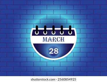 March 28 calendar sign on blue neon brick wall background. Flat design style. Date, day and month. Vector illustration.