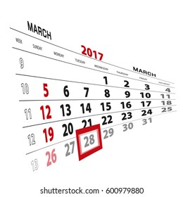 March 28, highlighted on 2017 calendar. Vector Illustration.