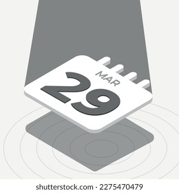 March 29 - Black and white 3D calendar floating with spotlight on white background