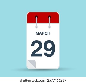 March 29 calendar icon isolated on background. March vector for day of week and month in red. Calendar design vector template. Vertical orientation.