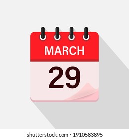 March 29, Calendar icon with shadow. Day, month. Flat vector illustration.
