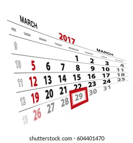 March 29, highlighted on 2017 calendar. Vector Illustration.