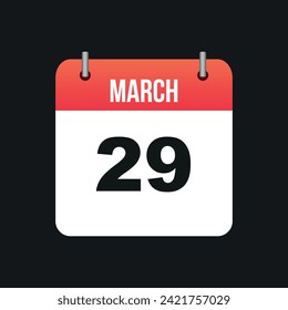 March 29, Red and White Color Calendar Page with Black Outline