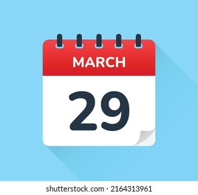 29 de marzo, veintinueve del mes. Diseño plano vectorial del icono diario del calendario. Fecha y día del año