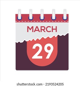 29 de marzo. Icono de calendario diario plano vectorial. Fecha y hora, día, mes. Vacaciones. Temporada. Fondo blanco