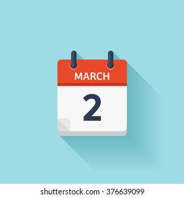 March 2.Calendar icon.Vector illustration,flat style.Date,day of month:Sunday,Monday,Tuesday,Wednesday,Thursday,Friday,Saturday.Weekend,red letter day.Calendar for 2017 year.Holidays in March.