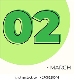 2 de marzo Calendario moderno aislado en fondo blanco. Ilustración vectorial. Colores verdes 