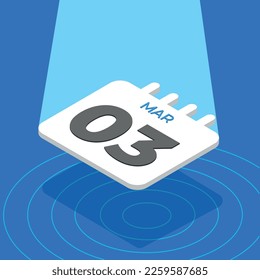 3 de marzo - Calendario blanco 3D flotando con el foco en el fondo azul