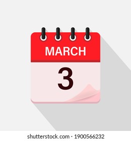 2 de marzo, icono del calendario con sombra. Día, mes. Ilustración vectorial plana.
