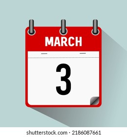 3 de marzo, ilustración vectorial de icono del calendario, aislada en fondo azul claro.