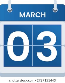 Diseño del ilustrador del Vector del icono del calendario del 3 de marzo. Calendario digital del 3 de marzo. Lista de comprobación, recordatorio, plano, solo día, Plantilla, martes