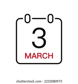 March 3 date on the calendar, vector line stroke icon for user interface. Calendar with date, vector illustration.