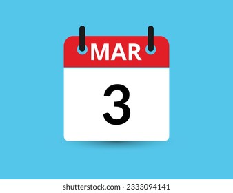 March 3. Flat icon calendar isolated on blue background. Date and month vector illustration