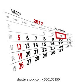 March 3, highlighted on 2017 calendar. Vector Illustration.