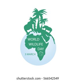 March 3 World Wildlife Day. Globe with Africa, silhouettes of elephant, rhinoceros and palm trees. Vector illustration for you design, banner and poster, card or calendar.