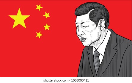 March 30, 2018: vector illustration of Xi Jinping portrait - the General Secretary of the Communist Party of China, the President of the People's Republic of China - on China flag.