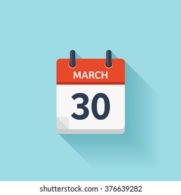 March 30.Calendar icon.Vector illustration,flat style.Date,day of month:Sunday,Monday,Tuesday,Wednesday,Thursday,Friday,Saturday.Weekend,red letter day.Calendar for 2017 year.Holidays in March.