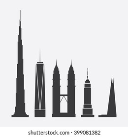 March 31, 2016: Collection of Abstract Vector Illustrations of Five Famous Skyscrapers: Burj Khalifa, One World Trade Center, Petronas Towers, Empire State Building, The Shard - For Editorial Use