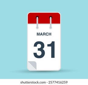 March 31 calendar icon isolated on background. March vector for day of week and month in red. Calendar design vector template. Vertical orientation.