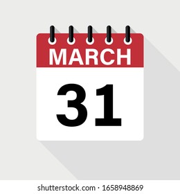 MARZO 31 - Icono del calendario. Icono de calendario con sombra. Estilo plano. Fecha, día y mes.